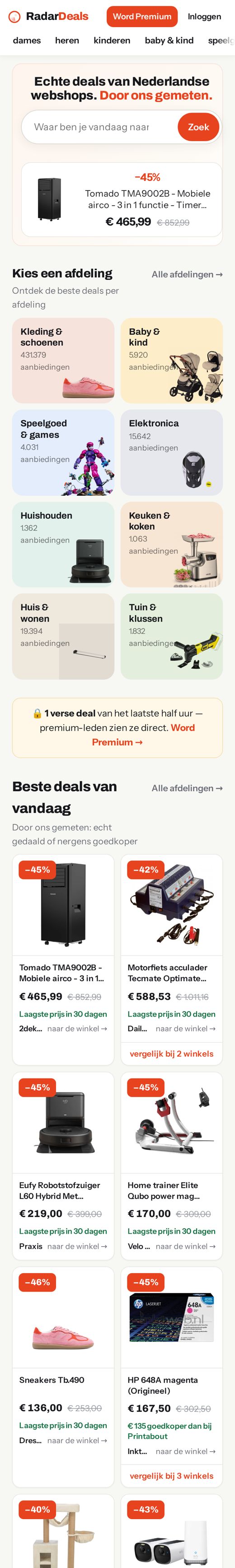 De website van Radardeals.nl op een telefoon